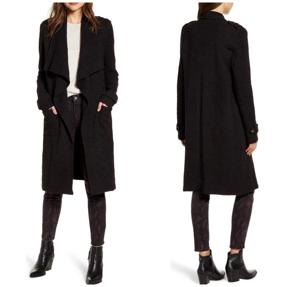 BB Dakota Revolution Drapey Open Front Bouclé Trench Coat M Black NEW